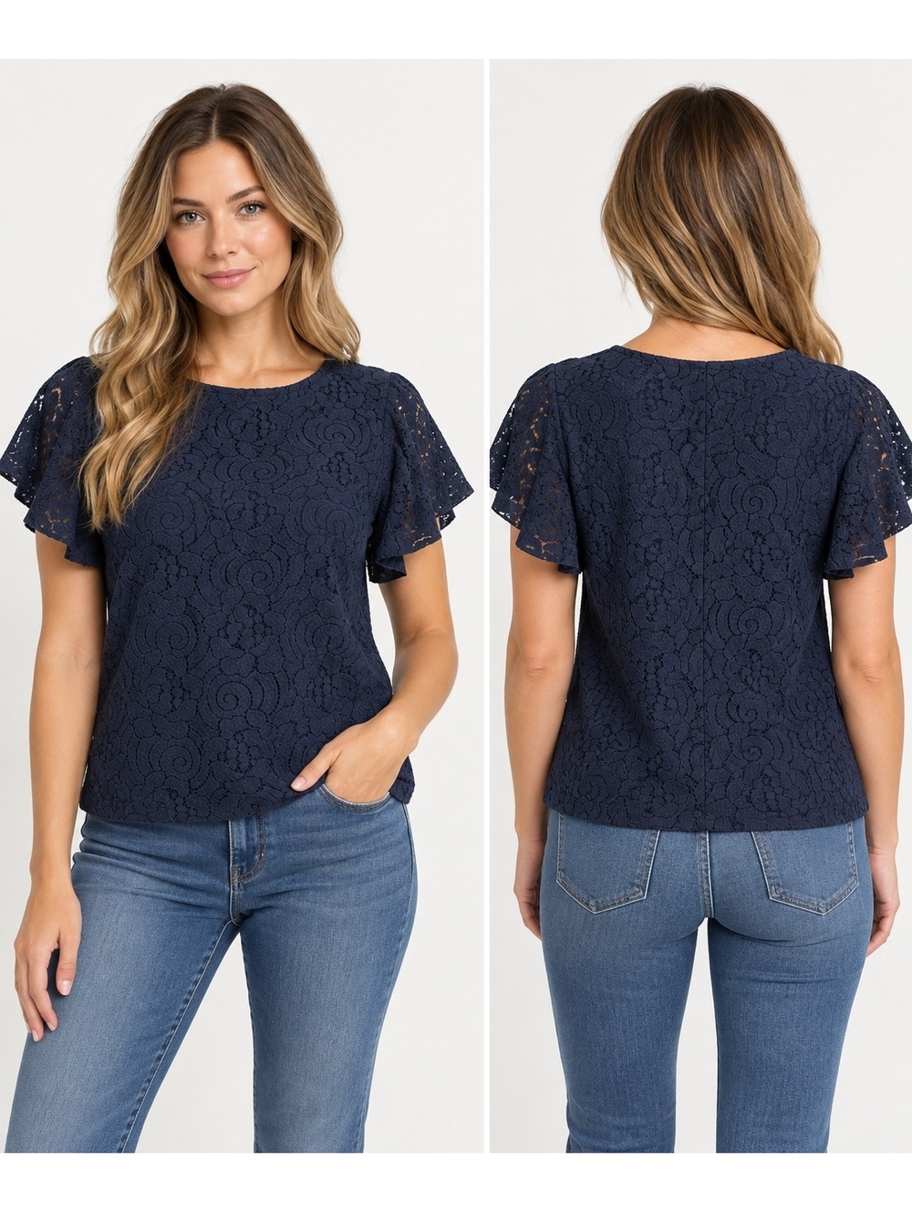 Banana Republic Women’s M Navy Floral Lace Flutter Sleeve Lined Blouse Top